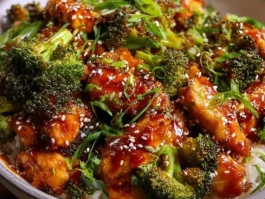 Delicious Honey Sriracha Chicken with Broccoli served on a plate.