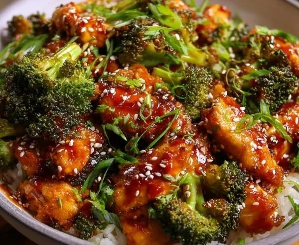 Delicious Honey Sriracha Chicken with Broccoli served on a plate.