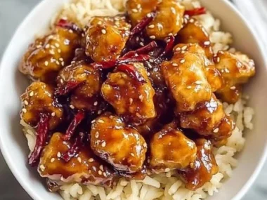 Delicious hot orange chicken dish with crispy chicken and vibrant orange sauce.