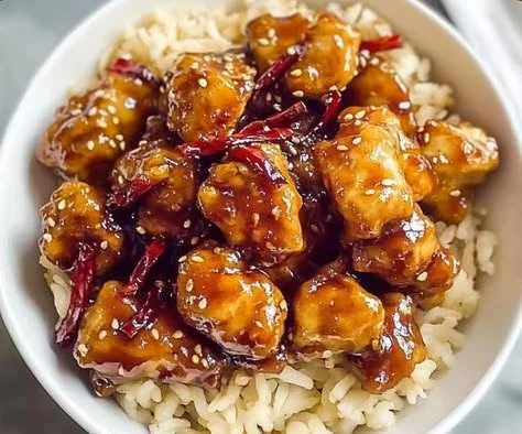 Delicious hot orange chicken dish with crispy chicken and vibrant orange sauce.