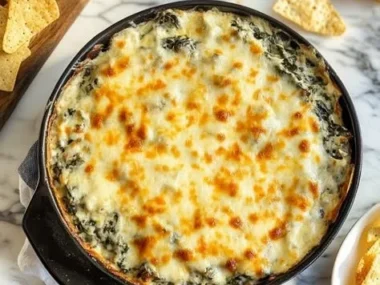 Creamy hot spinach and artichoke dip served in a bowl, perfect for appetizers.