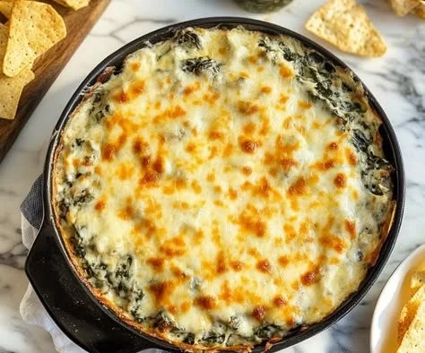 Creamy hot spinach and artichoke dip served in a bowl, perfect for appetizers.