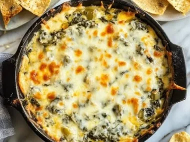 Hot spinach and artichoke dip served in a bowl, garnished with parsley