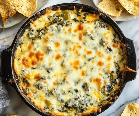 Hot spinach and artichoke dip served in a bowl, garnished with parsley