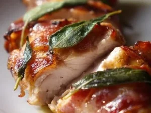 Delicious Italian Chicken Saltimbocca on a plate with fresh herbs