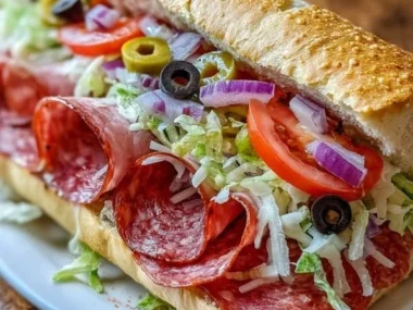 Delicious Italian Grinder Salad Sandwich filled with fresh vegetables and meats.