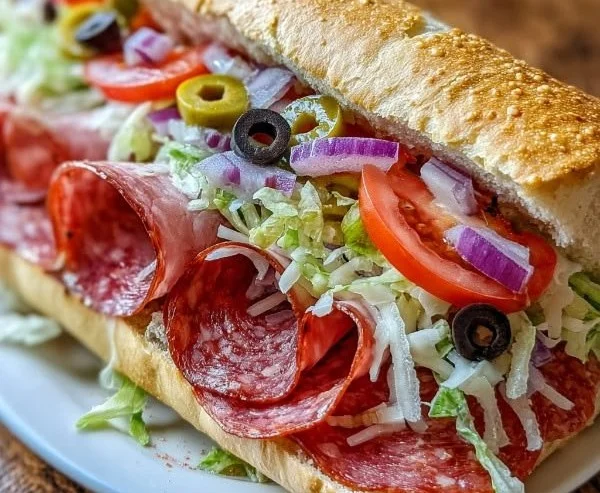 Delicious Italian Grinder Salad Sandwich filled with fresh vegetables and meats.