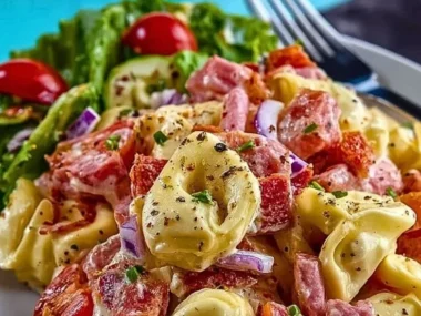 Plate of Italian Grinder Tortellini Salad with fresh vegetables and herbs.