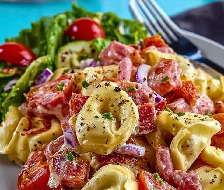 Plate of Italian Grinder Tortellini Salad with fresh vegetables and herbs.