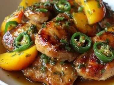 Plate of Jalapeño Peach Chicken garnished with herbs and served with sides