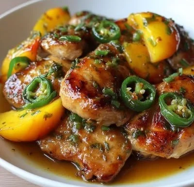 Plate of Jalapeño Peach Chicken garnished with herbs and served with sides