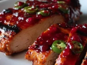 Jalapeño Raspberry Chicken dish garnished and ready to serve