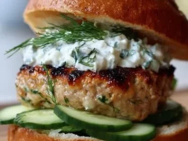 Juicy Greek Chicken Burgers served with fresh tzatziki sauce