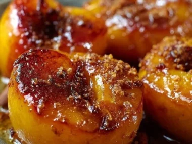 Delicious honey-glazed baked peaches with a sprinkle of cinnamon.