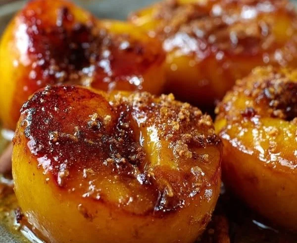 Delicious honey-glazed baked peaches with a sprinkle of cinnamon.