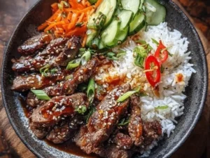 Korean BBQ Steak Bowl topped with fresh vegetables and sauces