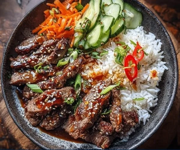Korean BBQ Steak Bowl topped with fresh vegetables and sauces