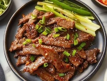 Delicious Korean beef bulgogi with marinated meat and vegetables.