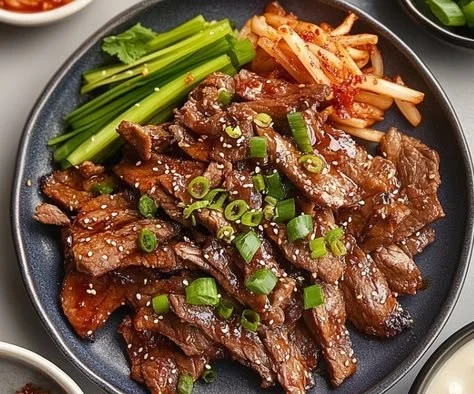 Deliciously marinated Korean Beef Bulgogi on a plate with vegetables