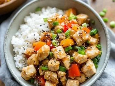 Delicious plate of homemade Kung Pao Chicken with peanuts and vegetables