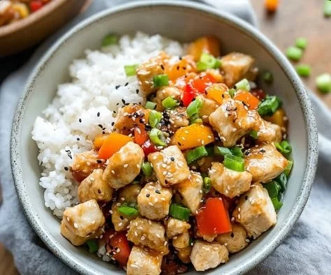 Delicious plate of homemade Kung Pao Chicken with peanuts and vegetables