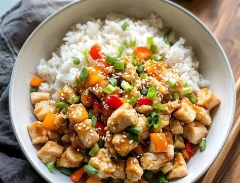 Delicious Kung Pao Chicken Bowls with colorful vegetables and peanuts