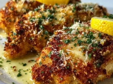 Lemon Chicken Romano served with fresh herbs and lemon slices.