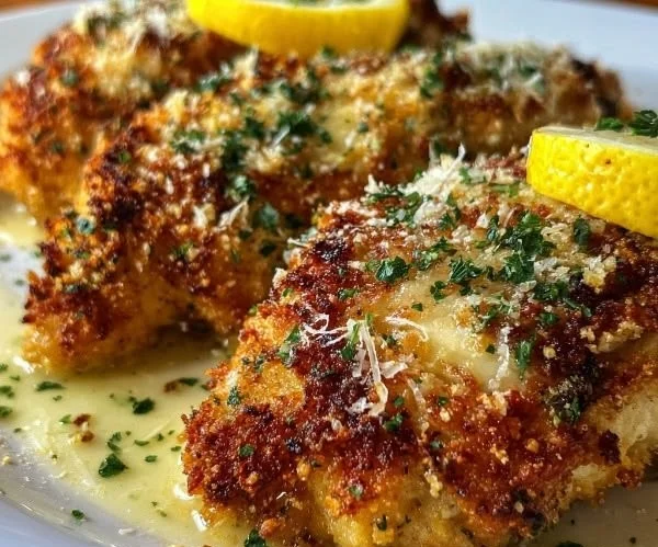 Lemon Chicken Romano served with fresh herbs and lemon slices.