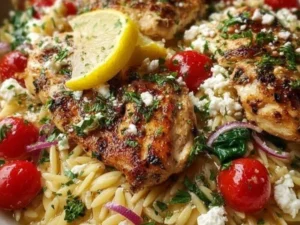Lemon-Feta Chicken served with orzo pasta on a plate