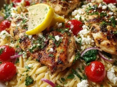 Lemon-Feta Chicken served with orzo pasta on a plate