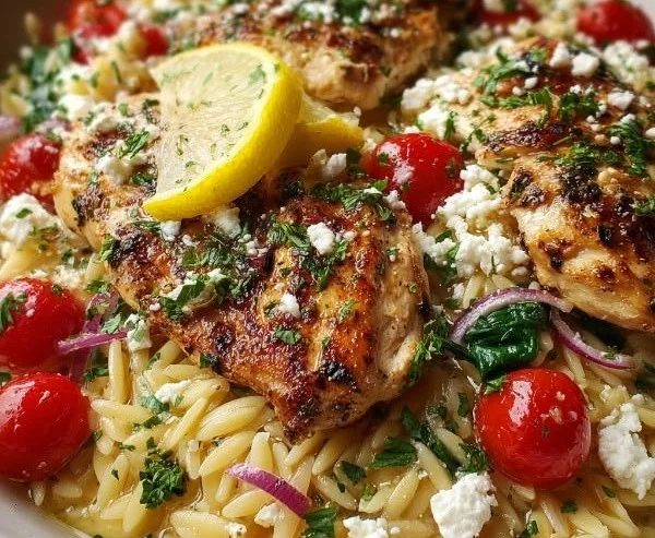 Lemon-Feta Chicken served with orzo pasta on a plate