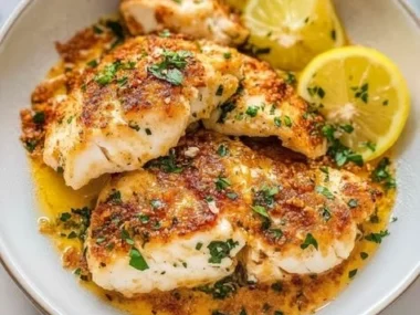 Lemon garlic butter baked cod served on a plate with a lemon wedge and herbs.