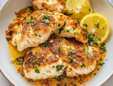 Lemon garlic butter baked cod served on a plate with a lemon wedge and herbs.