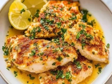 Lemon Garlic Butter Baked Cod dish served on a plate with lemon slices