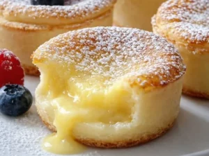 Slice of Lemon Impossible Pie on a white plate with a lemon decoration
