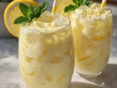 A refreshing glass of homemade lemonade with lemon slices and mint leaves.