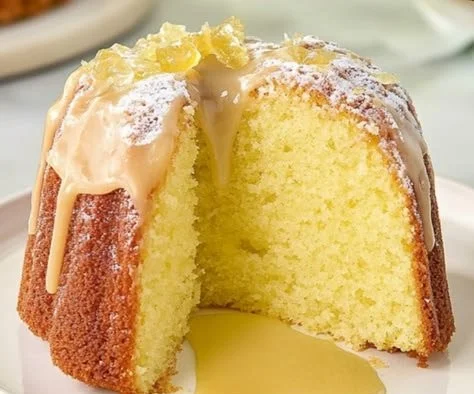 Limoncello Cake with lemon drizzle and frosting on a white plate