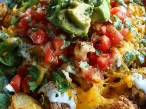Delicious Loaded Potato Taco Bowl topped with fresh ingredients