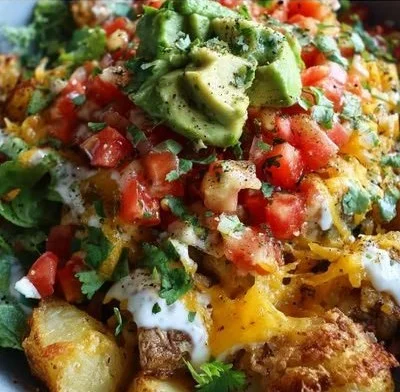 Delicious Loaded Potato Taco Bowl topped with fresh ingredients
