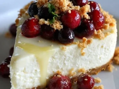 Slice of low calorie Greek yogurt cheesecake topped with fresh berries