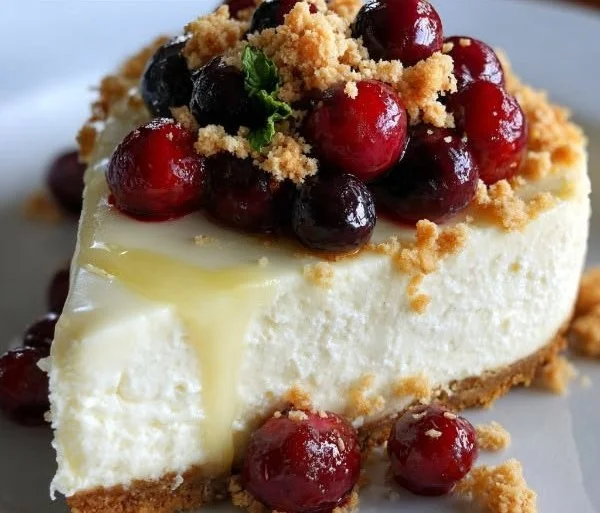 Slice of low calorie Greek yogurt cheesecake topped with fresh berries