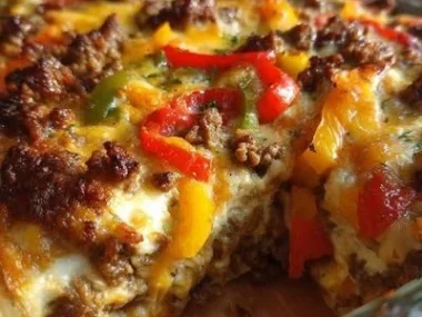 Low carb Philly cheesesteak casserole served in a dish with toppings