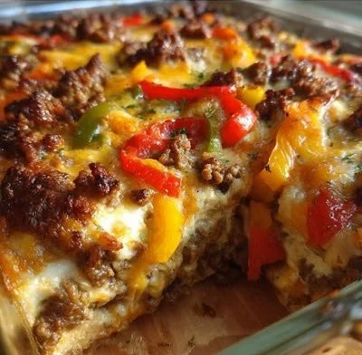Low carb Philly cheesesteak casserole served in a dish with toppings