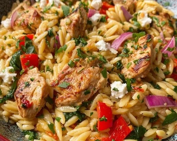 Delicious Mediterranean Chicken Orzo served with fresh herbs and vegetables.