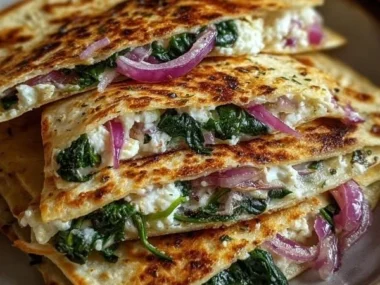 Delicious Mediterranean quesadillas filled with spinach, feta, mozzarella, and red onion.