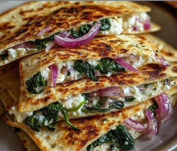 Delicious Mediterranean quesadillas filled with spinach, feta, mozzarella, and red onion.