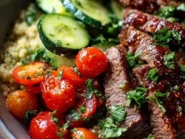 Mediterranean steak bowl with grilled meat and fresh vegetables