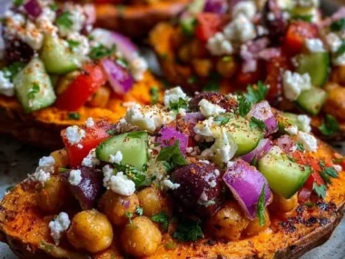 Mediterranean stuffed sweet potatoes topped with fresh herbs and ingredients