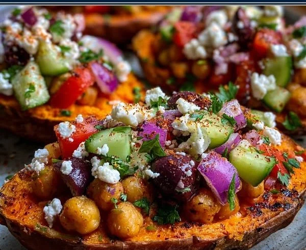 Mediterranean stuffed sweet potatoes topped with fresh herbs and ingredients
