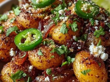 Mexican-style street potatoes topped with spices and herbs in a colorful bowl